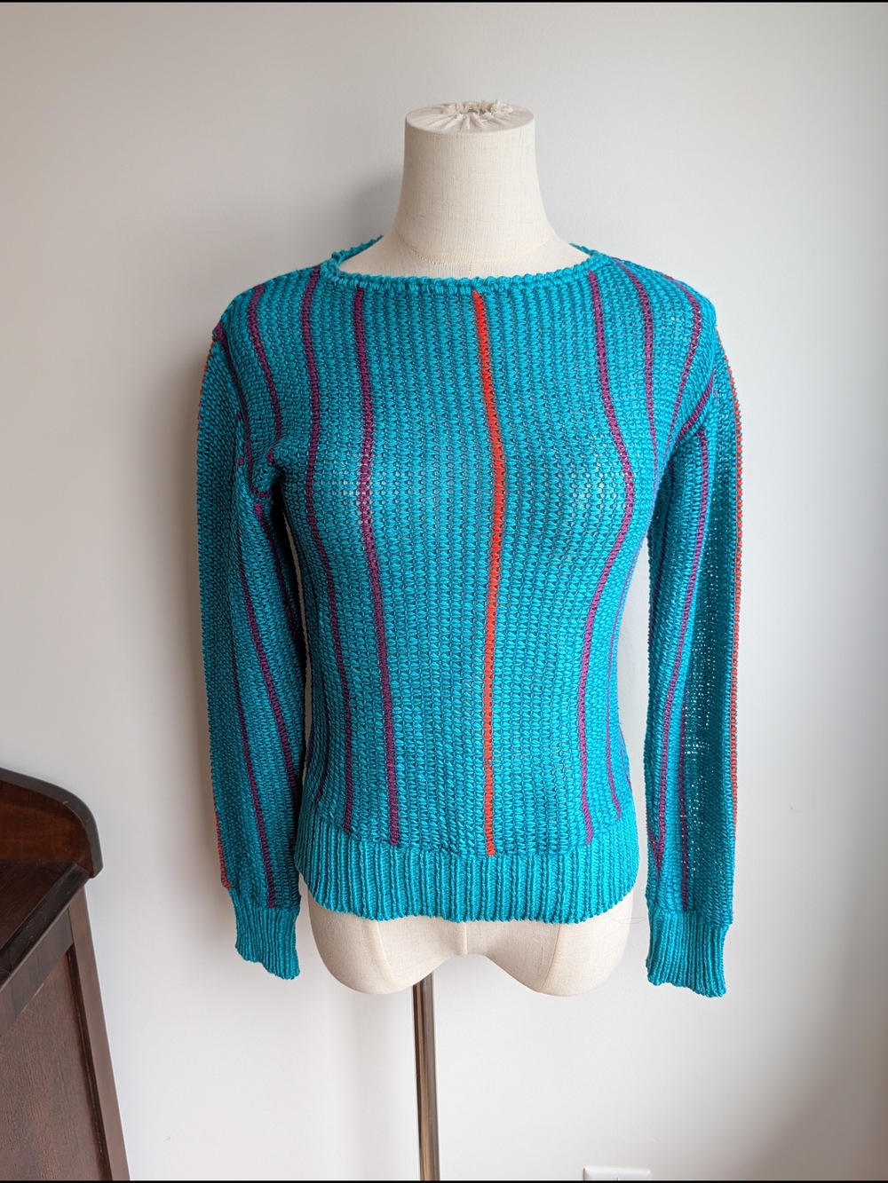 Vintage Turquoise Striped Knit Sweater Made In Italy